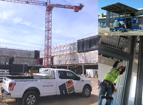 equipment truck on site, curved walls and aluminum framing